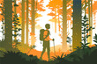 young man adventures in the deep forest, vector illustration