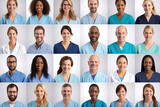 Fototapeta Sport - Collage of multiethnic doctors and medical workers wearing uniform on white background.