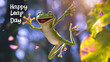 Leap day, 29 February 2024 greeting card with cute jumping Green Frog and Happy Leap Day text. Leap year, one extra day.