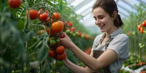 Canvas Print - Smiling woman harvesting ripe tomatoes in a greenhouse, organic farming concept, fresh produce, gardening activity. AI