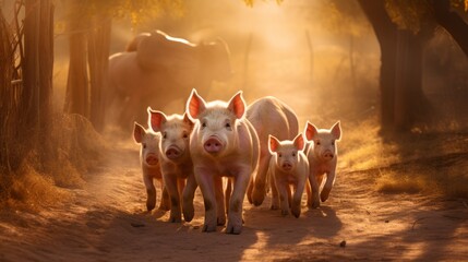 Wall Mural - A group of beautiful family of pigs and piglets walking in nature at sunset. Animals, Pig Farm concepts.