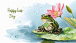 Leap day, ONE EXTRA DAY, Leap year 29 February 2024 watercolor illustration. Cute Green Frog on a water lily in the lake and text Happy Leap Day.