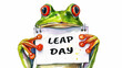 Leap day, 29 February 2024 greeting card with cute Green Frog and Leap Day text. Leap year, one extra day.