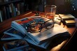 Books and glasses on the table in the dark. Selective focus.