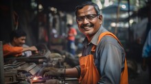 Welder's Contented Smile And Workshop