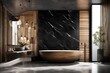 Modern interior design of bathroom with black marble bathtub and wooden wall panels 3D Rendering