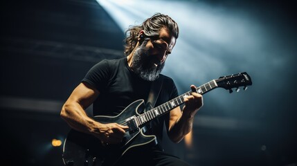 Wall Mural - A bearded musician plays a guitar on stage.