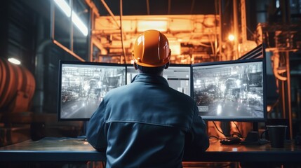 Poster - Back view of engineer in safety helmet and uniforms on Big Screens monitor
