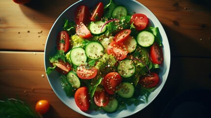 Wall Mural - salad of fresh tomato, cucumber, onion, spinach, lettuce and sesame on plate. Diet menu. 