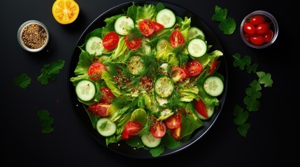 Wall Mural - salad of fresh tomato, cucumber, onion, spinach, lettuce and sesame on plate. Diet menu. 