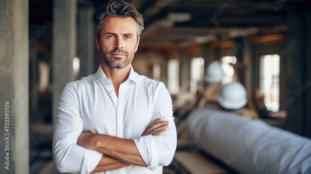 handsome successful architect standing with arms crossed in building in ...