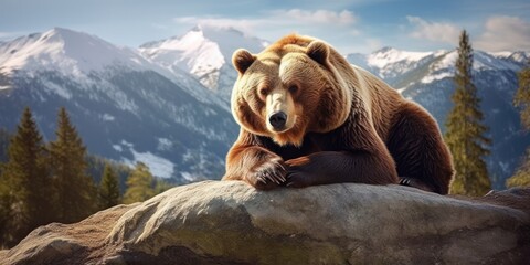 Wall Mural - a bear is lying still on a rock looking at a mountain, with a background of mountains and forests