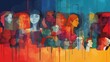 Abstract artwork of diverse group of people. Colorful painting of different faces.