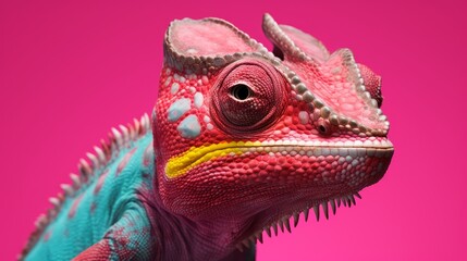 Poster - Close-up of a beautiful multicolored chameleon on a pink background.