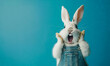 Surprised shocked bunny with Easter egg on blue background.   AI Generative