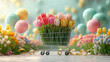 Tulips in a shopping cart on a festive background with flowers and balloons. Generative AI