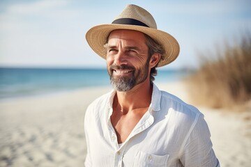 Wall Mural - Portrait of handsome mature man in hat on the beach at sunny day