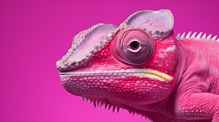 Poster - Close-up of a beautiful chameleon on a pink background.