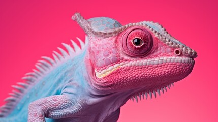 Poster - Close-up of a beautiful blue chameleon on a pink background.