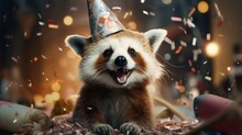 Raccoon Dog Happy Cute Animal Friendly Wearing A Party Hat Celebrating At A Fancy Newyear Or Birthday Party Festive Celebration Greeting With Bokeh Light And Paper Shoot Confetti Surround Party