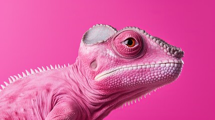 Poster - Close-up of a beautiful chameleon looking at the camera on a pink background.