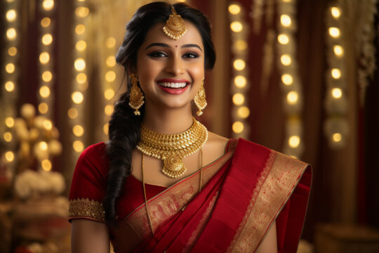 A smiling young Indian ethnic woman wearing traditional costumes and jewellery 
