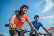 © AJay - Indian ethnic couple cycling in the outdoor, wearing sports outfits, against a blue sky background