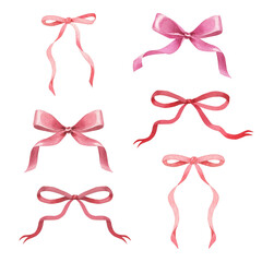 hand drawn watercolor pink bows and ribbons. valentines design for romantic invitations design, coqu