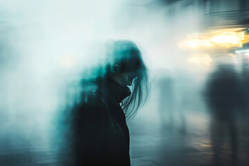 Depressed Woman in the City at Night with Blurred Background: Social Anxiety Disorder, Social Phobia.