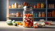 Glass jar with different colorful pills on table in kitchen