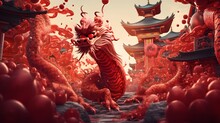 Chinese Red Paper Lanterns And Dragon Statue In Chinese New Year Festival