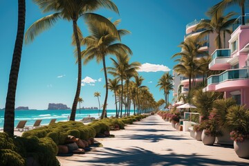 Miami South Beach Ocean Drive palms and beachfront colorful view