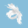 Twisted milk splash isolated on blue background. Natural dairy product, yogurt or cream splash with flying drops. Realistic Vector illustration