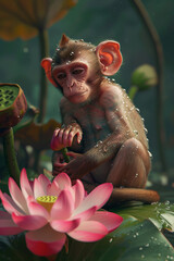 Sticker - Monkeys practicing on lotus flowers