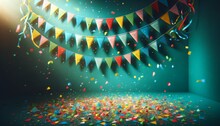 Festival Backdrop With Bright Blue Walls With Several Sets Of Colorful Triangular Pennants Scattered Throughout