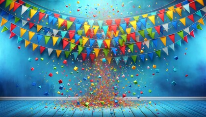 Wall Mural - festival backdrop with bright blue walls with several sets of colorful triangular pennants scattered throughout