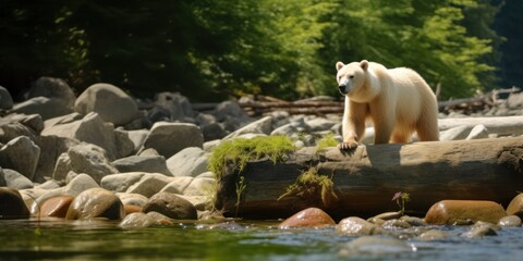 spirit bear was walking in the middle of the river