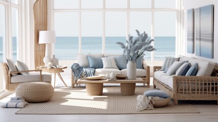 Wall Mural - beautiful small space casual living family room soft neutral wood beams  and a gorgeous grouping of swivel color fabric chairs around a striking coffee table coastal design nature freshness home