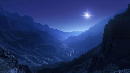 Wall Mural - Bright epiphany star in night sky, symbolizing baby jesus adoration, blurred background, copy space