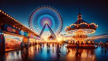 A Panoramic View Of A Carnival Scene At Twilight
