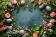 Easter Spring Floral Composition with Eggs on Blue Background