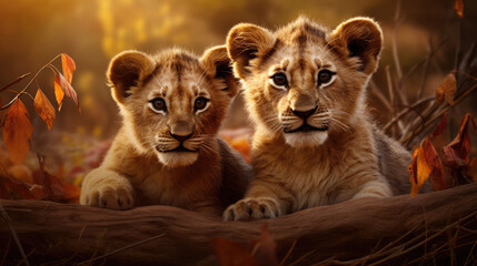 two cute wild lion cubs sitting close together in an wildlife safari outdoor meadow