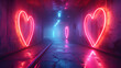 Underground passage illuminated with neon lamps in the shape of a heart. Valentine day romantic night. Creative wallpaper.