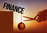 Fototapeta Big Ben - Concept du poids des impôts dans l’équilibre financier d’une entreprise, avec le symbole d’une main qui supprime les taxes pour lui éviter la faillite.