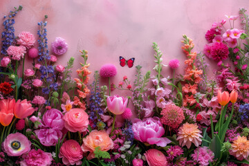 Poster - A vibrant assortment of flowers arranged next to a solid wall, creating a striking contrast. Colorful floral card template background. 