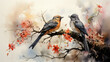 Sepia textured vintage paper with charcoal drawing of two beautiful chirping song birds standing on a flower tree branch enjoying the warmth of togetherness created with Generative AI Technology