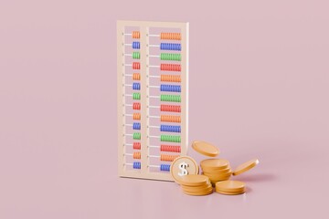 Poster - 3D abacus with coin icon minimal cute smooth isolated on pink pastel background, arithmetic game learns counting number concept. finance education. minimal cartoon.3D Rendering. copy space.