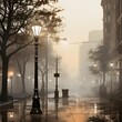 street lamp in the foggy morning in the city of Madrid, Spain