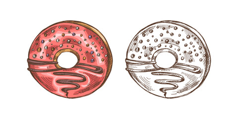 Hand-drawn colored and monochrome sketches of donut. Vintage illustration. Pastry sweets, dessert. Element for the design of labels, packaging and postcards.