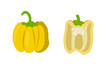 Set of yellow bell pepper whole and half cut. Isolated on white background. Flat cartoon style drawing.